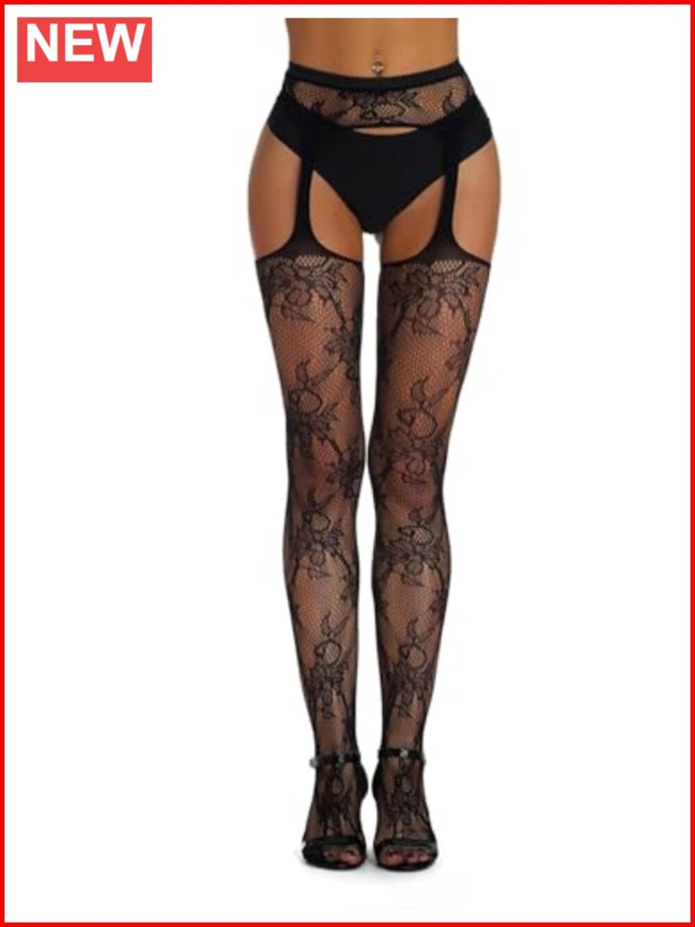 Suspender Pantyhose for Women Floral Lace Fishnet Thigh High Stockings with